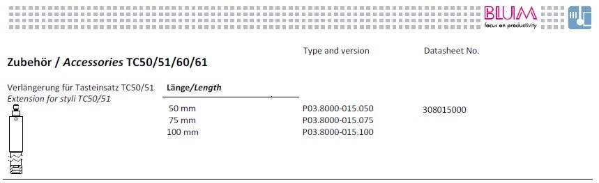 波龍(BLUM)探針延長桿(用于TC50/51)015.050
